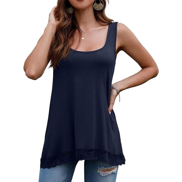 NEW NWT Navy Blue Sz Medium Soft Stretchy Rayon Lace Trim Roomy Tank Top - Picture 3 of 3